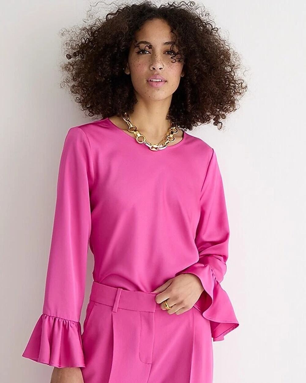 J. Crew Winter Garden Ruffle Sleeve Round Neck Blouse Top Pink Women's Size LT